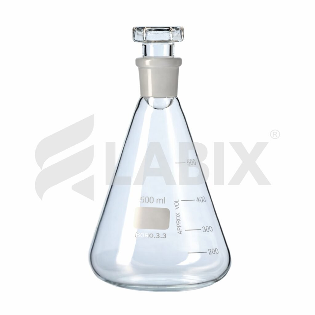 Conical flask with interchangeable glass stopper for laboratory use
